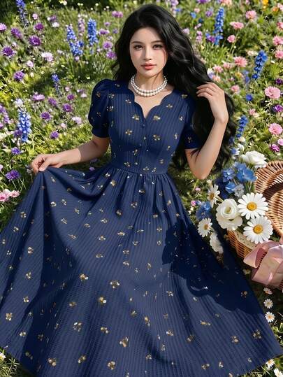 Feyla Gaun Musim Panas Wanita Elegan Berwarna Biru Tua dengan Motif Bunga Lengan Pendek