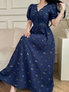 Feyla Elegant Women's Navy Blue Floral Patterned Short Sleeve Summer Dress - Navy Blue - View 3