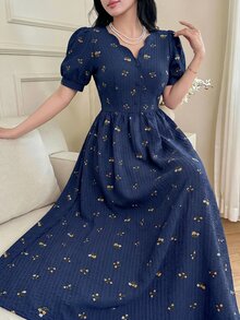 Feyla Elegant Women's Navy Blue Floral Patterned Short Sleeve Summer Dress - Navy Blue - View 8