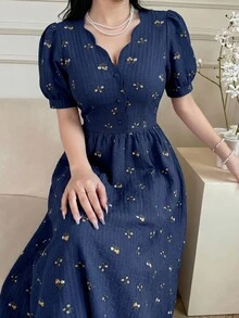 Feyla Elegant Women's Navy Blue Floral Patterned Short Sleeve Summer Dress - Navy Blue - View 4