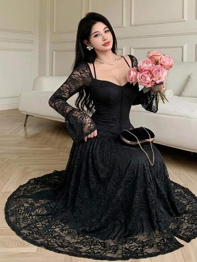 Feyla Elegant Black Lace Sweetheart Neck Midi Dress For Women Long Bell Sleeves A-Line Vintage Style