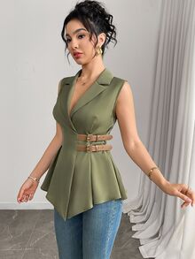 Feyla Camisa ajustada con botones en la cintura de unicolor y minimalista para mujer, ideal para el verano y el uso diario - Verde - Ver 6
