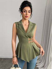 Feyla Camisa ajustada con botones en la cintura de unicolor y minimalista para mujer, ideal para el verano y el uso diario - Verde - Ver 5