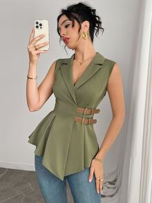 Feyla Camisa ajustada con botones en la cintura de unicolor y minimalista para mujer, ideal para el verano y el uso diario - Verde - Ver 7