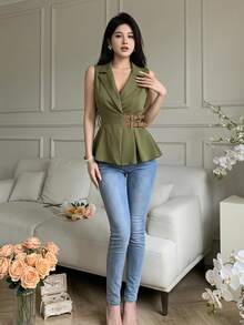 Feyla Camisa ajustada con botones en la cintura de unicolor y minimalista para mujer, ideal para el verano y el uso diario - Verde - Ver 2