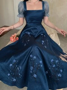 Feyla 女士方领褶裥印花优雅连衣裙 - 藏蓝色 - 查看 9