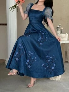 Feyla 女士方领褶裥印花优雅连衣裙 - 藏蓝色 - 查看 8