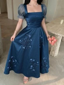 Feyla 女士方领褶裥印花优雅连衣裙 - 藏蓝色 - 查看 5