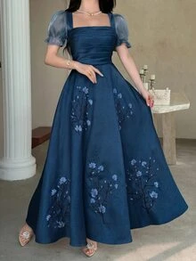 Feyla 女士方领褶裥印花优雅连衣裙 - 藏蓝色 - 查看 7