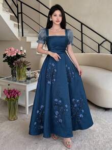 Feyla 女士方领褶裥印花优雅连衣裙 - 藏蓝色 - 查看 2