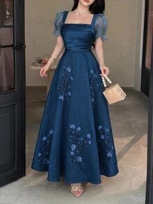 Feyla 女士方领褶裥印花优雅连衣裙 - 藏蓝色 - 查看 6