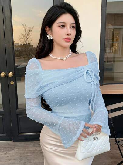 Feyla 女士纯色前系带喇叭袖时尚T恤