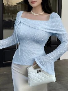 Feyla Camiseta de mujer de unicolor con mangas acampanadas y nudo delantero, de moda - Celeste - Ver 6