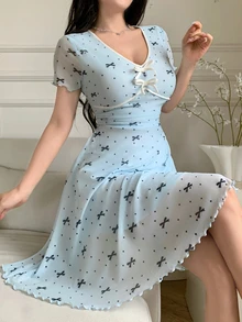 Feyla 女款夏季波點蝴蝶結印花V領短袖迷你洋裝，海軍藍浪漫可愛風，適合早午餐與茶會 - 藍色 - 查看 5
