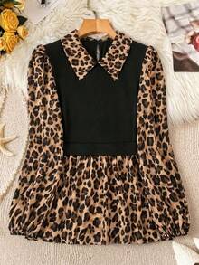 Linhara Women's Color Block Leopard Print Collared Blouse, Puff Long Sleeve Keyhole Back Peplum Hem Shirt - Black - View 1