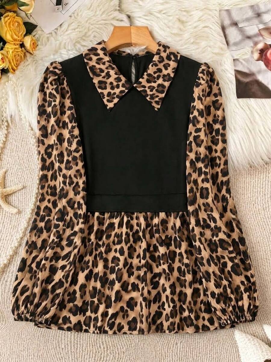 Linhara Women's Color Block Leopard Print Collared Blouse, Puff Long Sleeve Keyhole Back Peplum Hem Shirt - Black - View 1