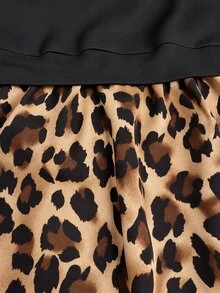 Linhara Women's Color Block Leopard Print Collared Blouse, Puff Long Sleeve Keyhole Back Peplum Hem Shirt - Black - View 3