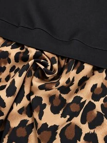 Linhara Women's Color Block Leopard Print Collared Blouse, Puff Long Sleeve Keyhole Back Peplum Hem Shirt - Black - View 4