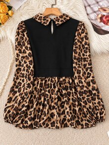 Linhara Women's Color Block Leopard Print Collared Blouse, Puff Long Sleeve Keyhole Back Peplum Hem Shirt - Black - View 2