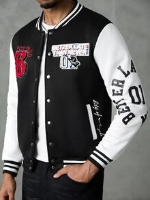 SLATEMANN Jaket Baseball Pria Model Patchwork Bordir Lengan Panjang Kancing Tunggal dengan Kantong, Bomber, Gaya Goth - Hitam - View 5