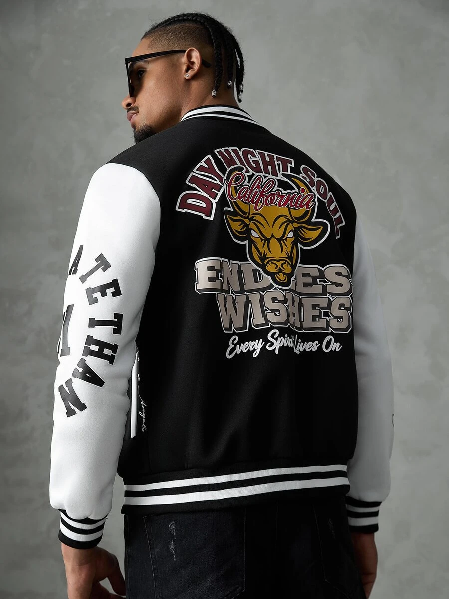 SLATEMANN Jaket Baseball Pria Model Patchwork Bordir Lengan Panjang Kancing Tunggal dengan Kantong, Bomber, Gaya Goth - Hitam - View 1