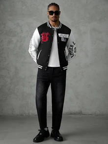 SLATEMANN Jaket Baseball Pria Model Patchwork Bordir Lengan Panjang Kancing Tunggal dengan Kantong, Bomber, Gaya Goth - Hitam - View 6
