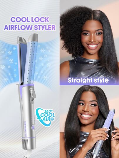 SHEGLAM HAIR Cool Lock Airflow Styler,360° Airflow Styler Hair Straightener,2 In 1 Straightener & Curler,25mm Airflow Curling Iron,Airflow Flat Iron With Cooling Air Vents To Lock In Style,4 Adjustable Temp,Dual Voltage,Water-Based Ceramic Coating Makes Hair Shiny,Cueler & Straightener For Long Short Hair Universal Voltage