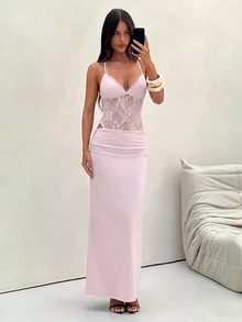 Aloruh 女款優雅性感黑色蕾絲拼接露背長洋裝，適合夏季派對之夜、婚禮賓客、下午茶派對、度假與海灘假期 - 淺粉色 - 查看 7