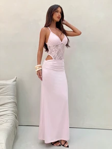 Aloruh 女款優雅性感黑色蕾絲拼接露背長洋裝，適合夏季派對之夜、婚禮賓客、下午茶派對、度假與海灘假期 - 淺粉色 - 查看 4