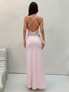 Aloruh 女款優雅性感黑色蕾絲拼接露背長洋裝，適合夏季派對之夜、婚禮賓客、下午茶派對、度假與海灘假期 - 淺粉色 - 查看 2