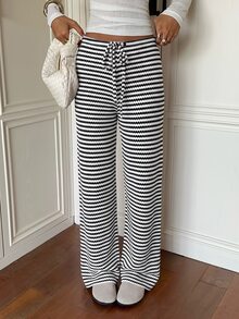 Aloruh 女款秋冬新款超低腰棕色條紋長褲 - 黑與白 - 查看 3
