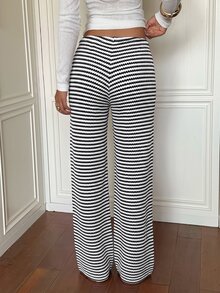 Aloruh 女款秋冬新款超低腰棕色條紋長褲 - 黑與白 - 查看 2