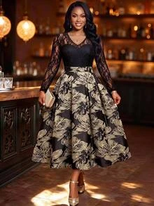 Fleurora Plus-Size Women's Lace-Panel Jacquard Party Dress Formal Dress Winter Dress Graduation Dress Church Dress Black Dress Elegant Dresses For Women Fall - Black - View 4