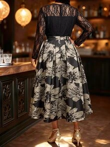 Fleurora Plus-Size Women's Lace-Panel Jacquard Party Dress Formal Dress Winter Dress Graduation Dress Church Dress Black Dress Elegant Dresses For Women Fall - Black - View 3