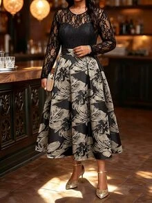 Fleurora Plus-Size Women's Lace-Panel Jacquard Party Dress Formal Dress Winter Dress Graduation Dress Church Dress Black Dress Elegant Dresses For Women Fall - Black - View 6