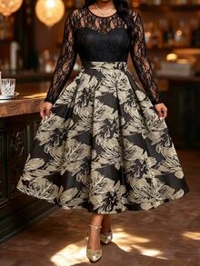 Fleurora Plus-Size Women's Lace-Panel Jacquard Party Dress Formal Dress Winter Dress Graduation Dress Church Dress Black Dress Elegant Dresses For Women Fall - Black - View 7