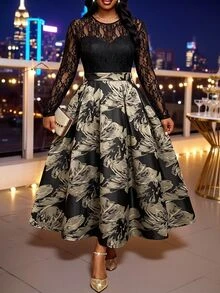 Fleurora Plus-Size Women's Lace-Panel Jacquard Party Dress Formal Dress Winter Dress Graduation Dress Church Dress Black Dress Elegant Dresses For Women Fall - Black - View 2