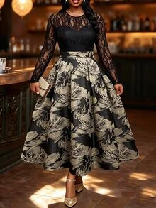 Fleurora Plus-Size Women's Lace-Panel Jacquard Party Dress Formal Dress Winter Dress Graduation Dress Church Dress Black Dress Elegant Dresses For Women Fall - Black - View 5