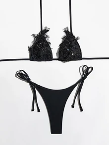 Sirith Women's Summer Beach Sequin Halter Tie Sexy Bikini And Triangle Bottom Two-Piece Swimwear Set - Black - View 2