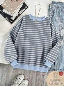 SHEIN 女童條紋圓領衛衣，美式學院風寬鬆版型長袖套頭衫，秋冬保暖街頭風校園上衣 - 彩色 - 查看 2