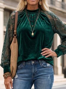 Breezaya Women's Autumn/Winter Lace Patchwork Velvet Elegant Top For Evening Party And Daily Dating - Dark Green - View 5