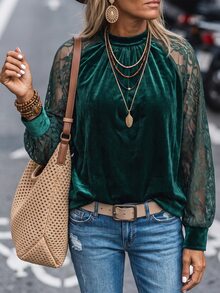 Breezaya Women's Autumn/Winter Lace Patchwork Velvet Elegant Top For Evening Party And Daily Dating - Dark Green - View 4