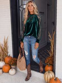 Breezaya Women's Autumn/Winter Lace Patchwork Velvet Elegant Top For Evening Party And Daily Dating - Dark Green - View 7