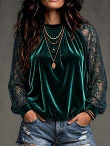 Breezaya Women's Autumn/Winter Lace Patchwork Velvet Elegant Top For Evening Party And Daily Dating - Dark Green - View 1