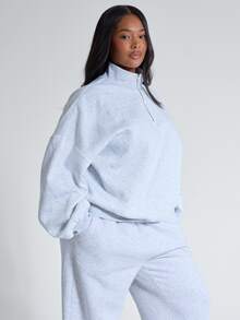 MUSERA Plus Size Grey Jersey High Neck Zip Up Sweatshirt Jumper Fall Autumn Winter Women Outfit Day Outfit Casual - Grey - View 1