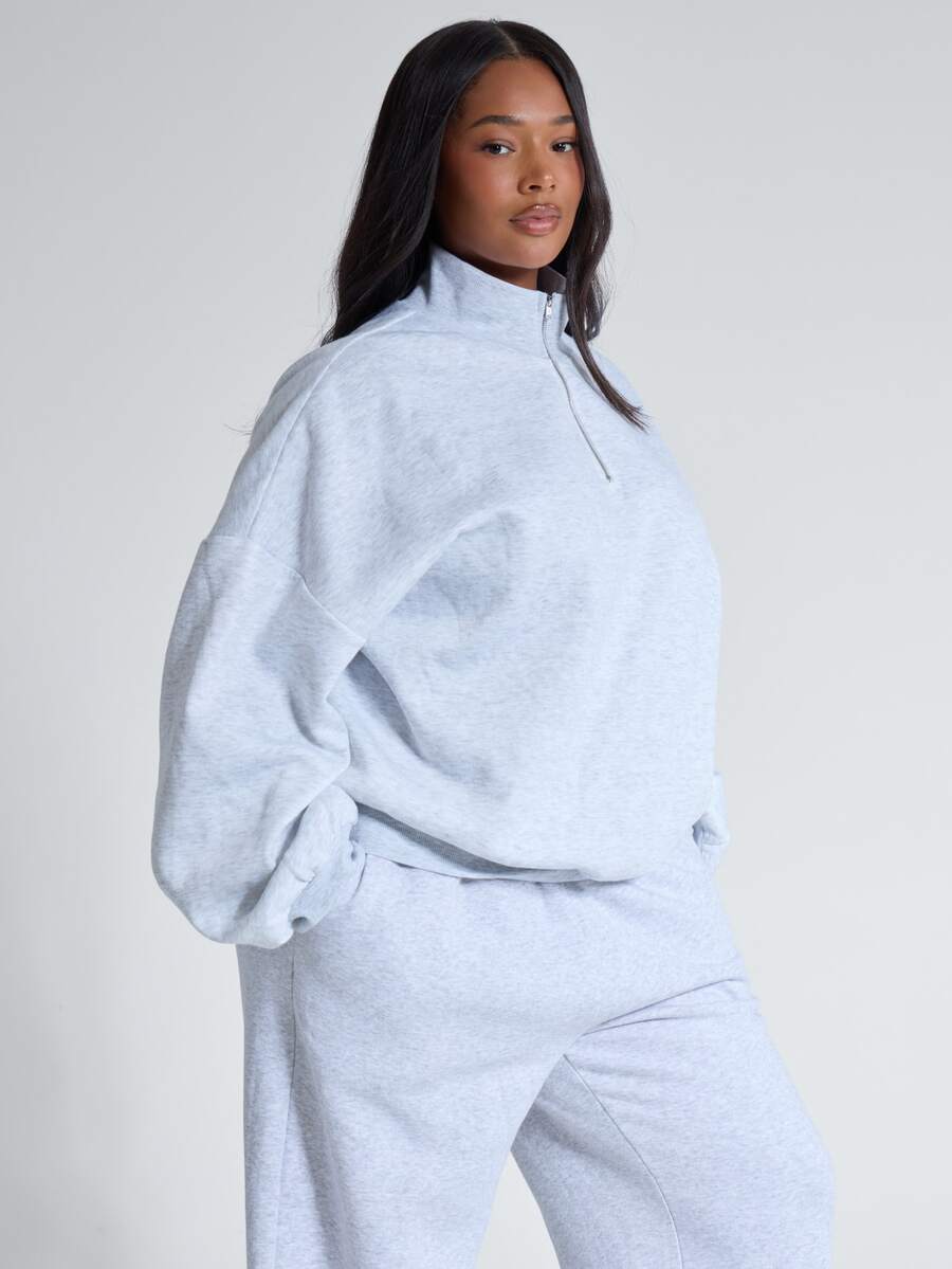 MUSERA Plus Size Grey Jersey High Neck Zip Up Sweatshirt Jumper Fall Autumn Winter Women Outfit Day Outfit Casual - Grey - View 1