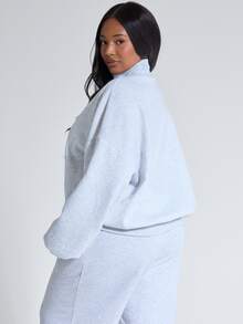 MUSERA Plus Size Grey Jersey High Neck Zip Up Sweatshirt Jumper Fall Autumn Winter Women Outfit Day Outfit Casual - Grey - View 4