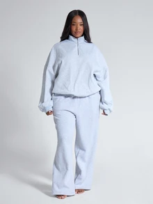 MUSERA Plus Size Grey Jersey High Neck Zip Up Sweatshirt Jumper Fall Autumn Winter Women Outfit Day Outfit Casual - Grey - View 3