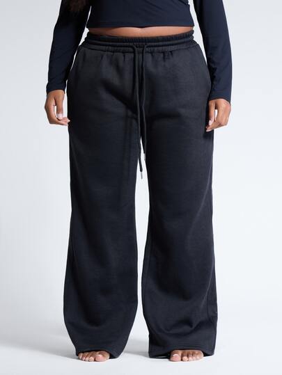 MUSERA Pantalon de jogging ample en jersey noir grande taille taille mi-haute pour femmes tenue d'automne hiver tenue de jour décontractée
