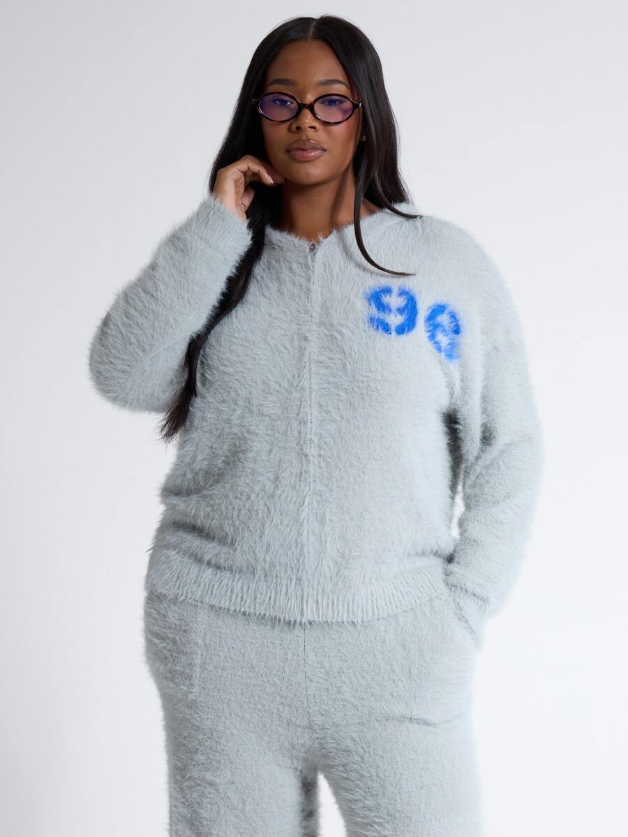 MUSERA Plus Size Grey Knit Relaxed Fit Logo Zip Up Cardigan Fall Autumn Winter Women Outfit Day Outfit Casual - Grey - View 1